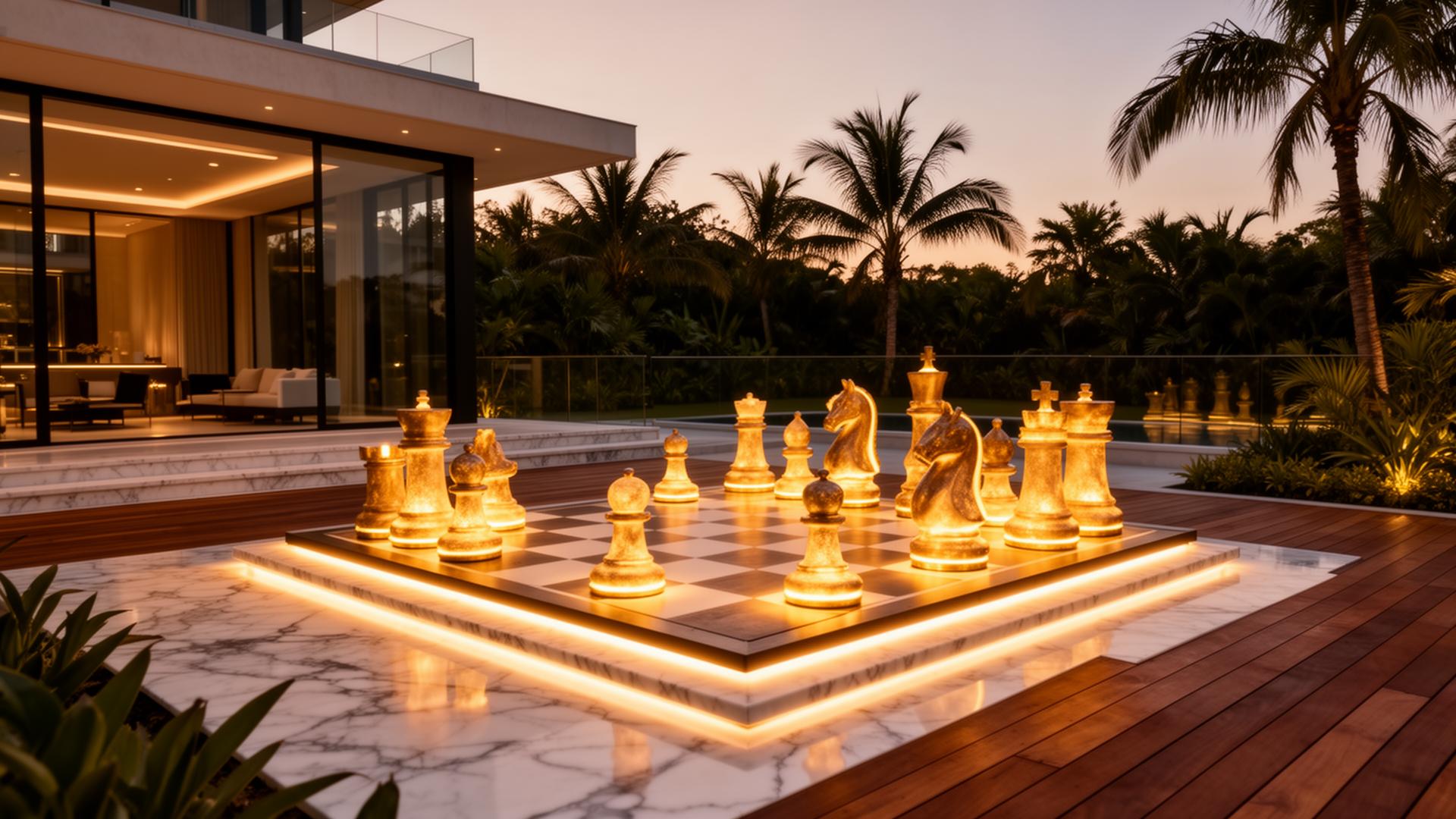 Luxury outdoor illuminated chess installation on a modern villa terrace at twilight